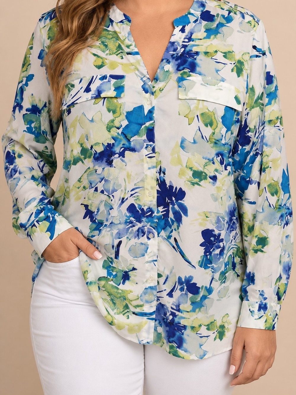 Calvin Klein 1X Floral Button Front Blouse Blue Green Abstract Print Long Sleeve